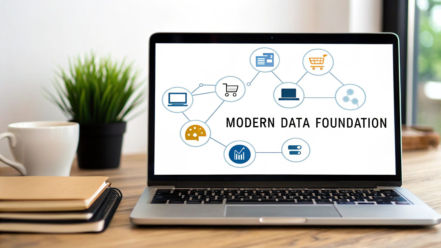 A laptop on a desk displays a diagram titled 'Modern Data Foundation' with various data-related icons.