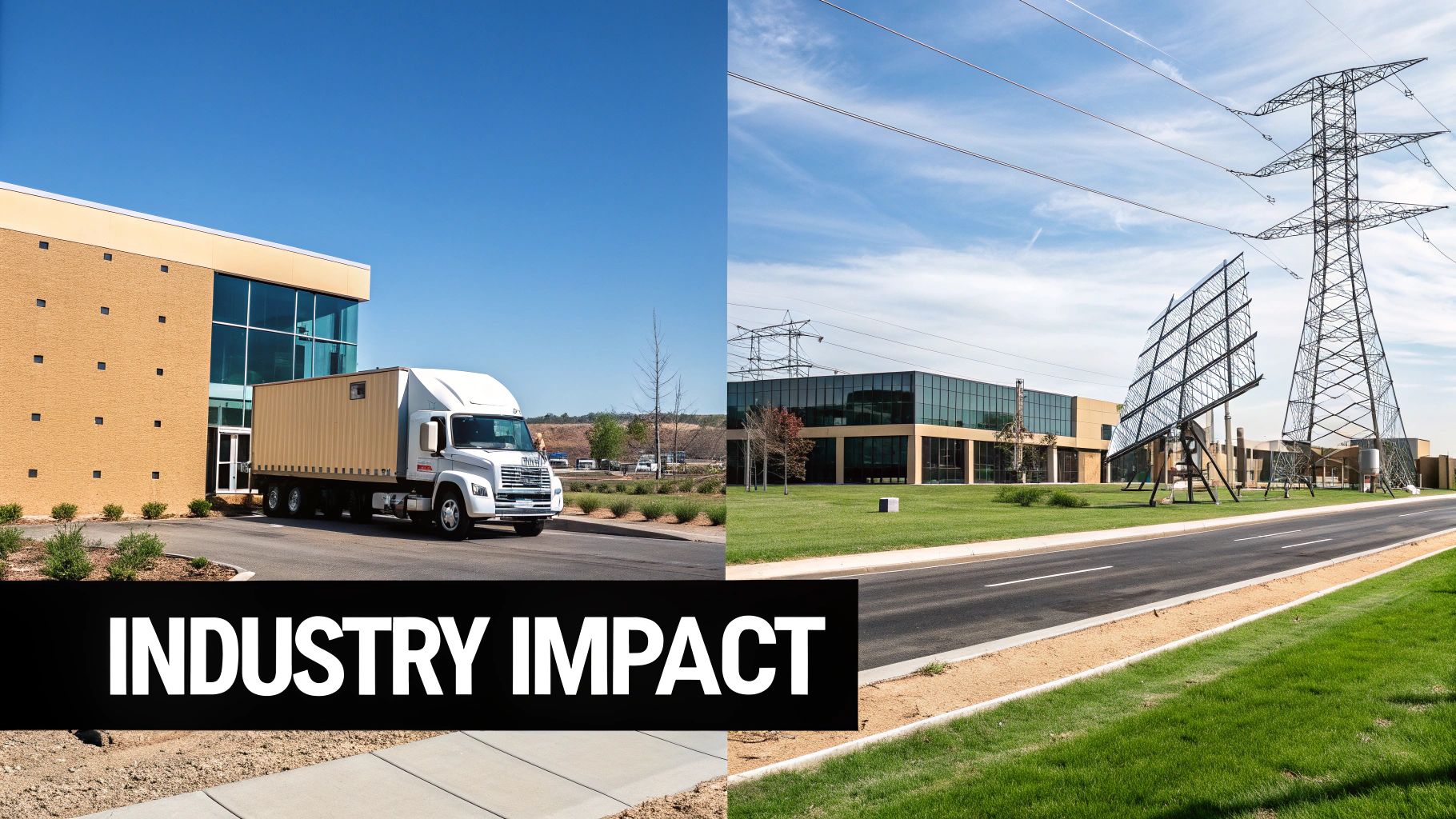 A split image showing a truck at a warehouse and industrial facilities with power lines and solar panels, titled 'Industry Impact'.