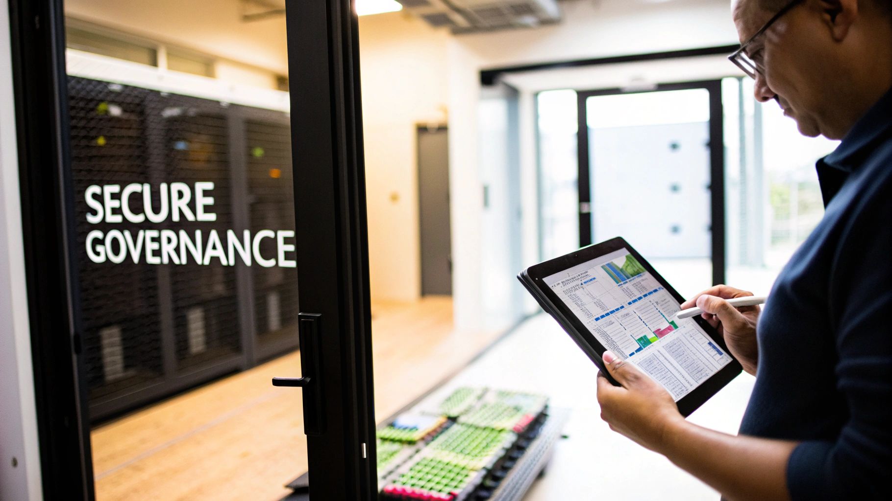 Man analyzing data on a tablet near a secure data governance server room.