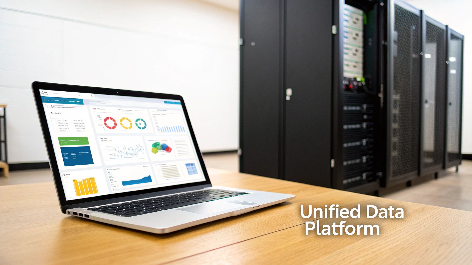 A laptop on a wooden desk displays various data dashboards and charts, with server racks in the background.