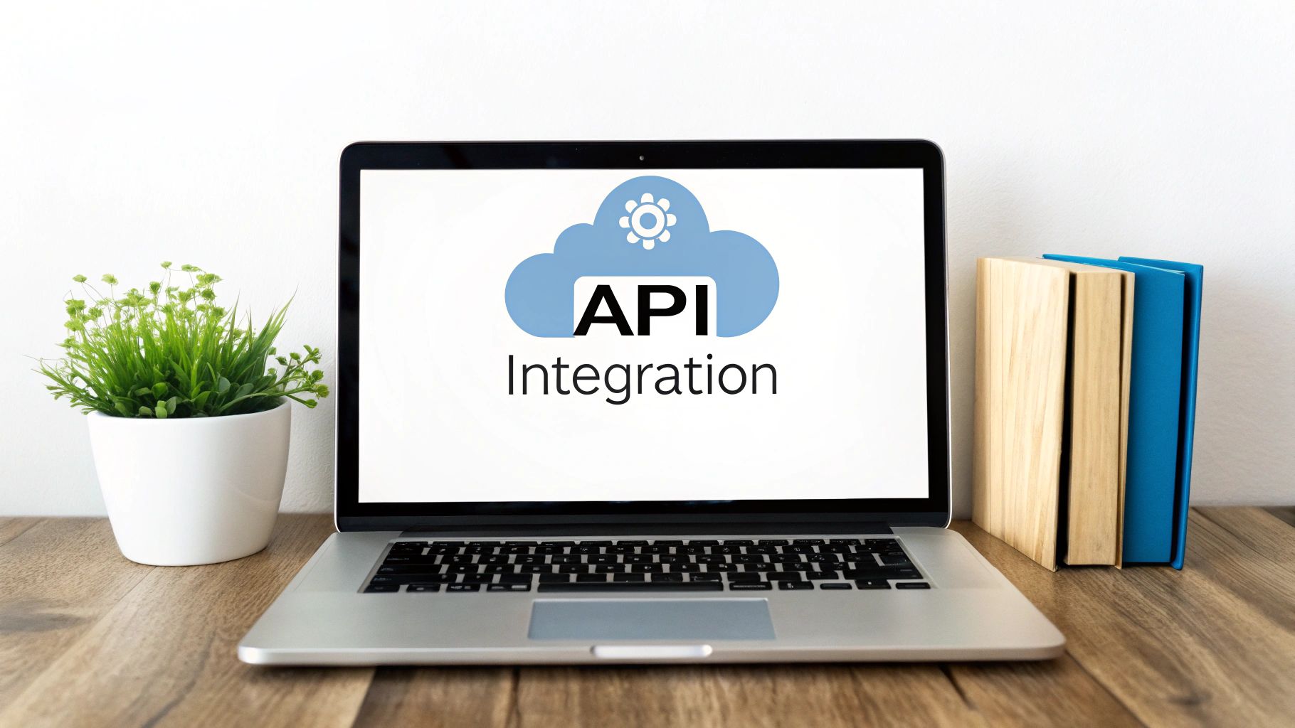 A laptop displaying 'API Integration' on its screen, surrounded by a plant and books on a wooden desk.