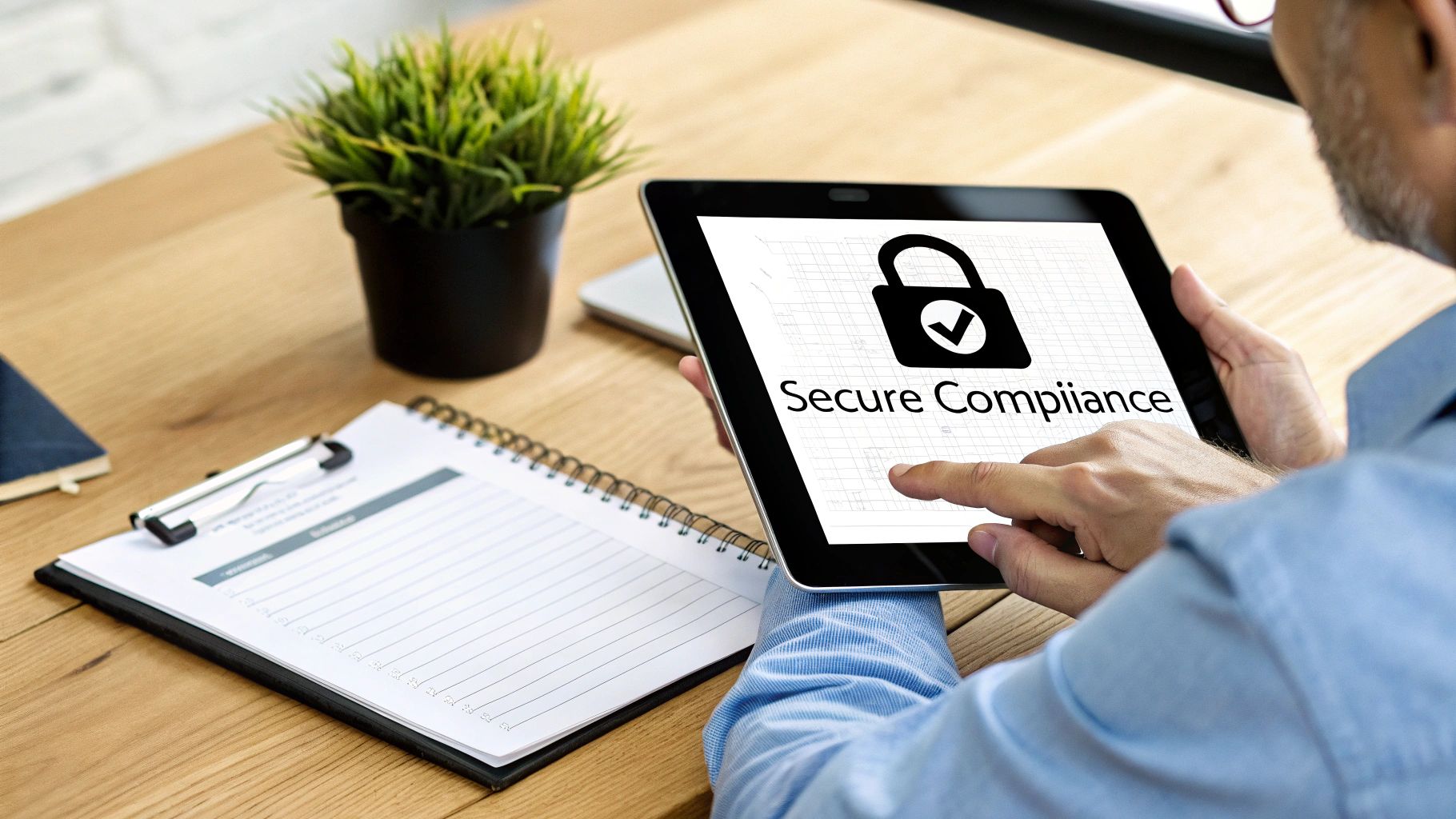 Business professional reviewing secure compliance regulations on tablet device at modern office desk