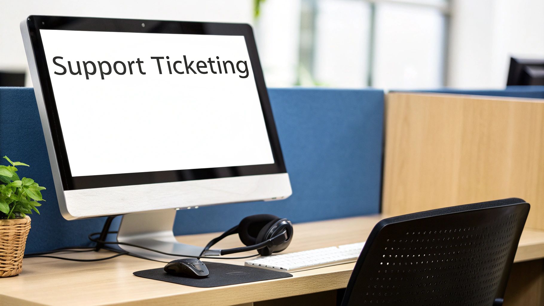 A computer screen in an office cubicle displays 'Support Ticketing', with a headset and keyboard.