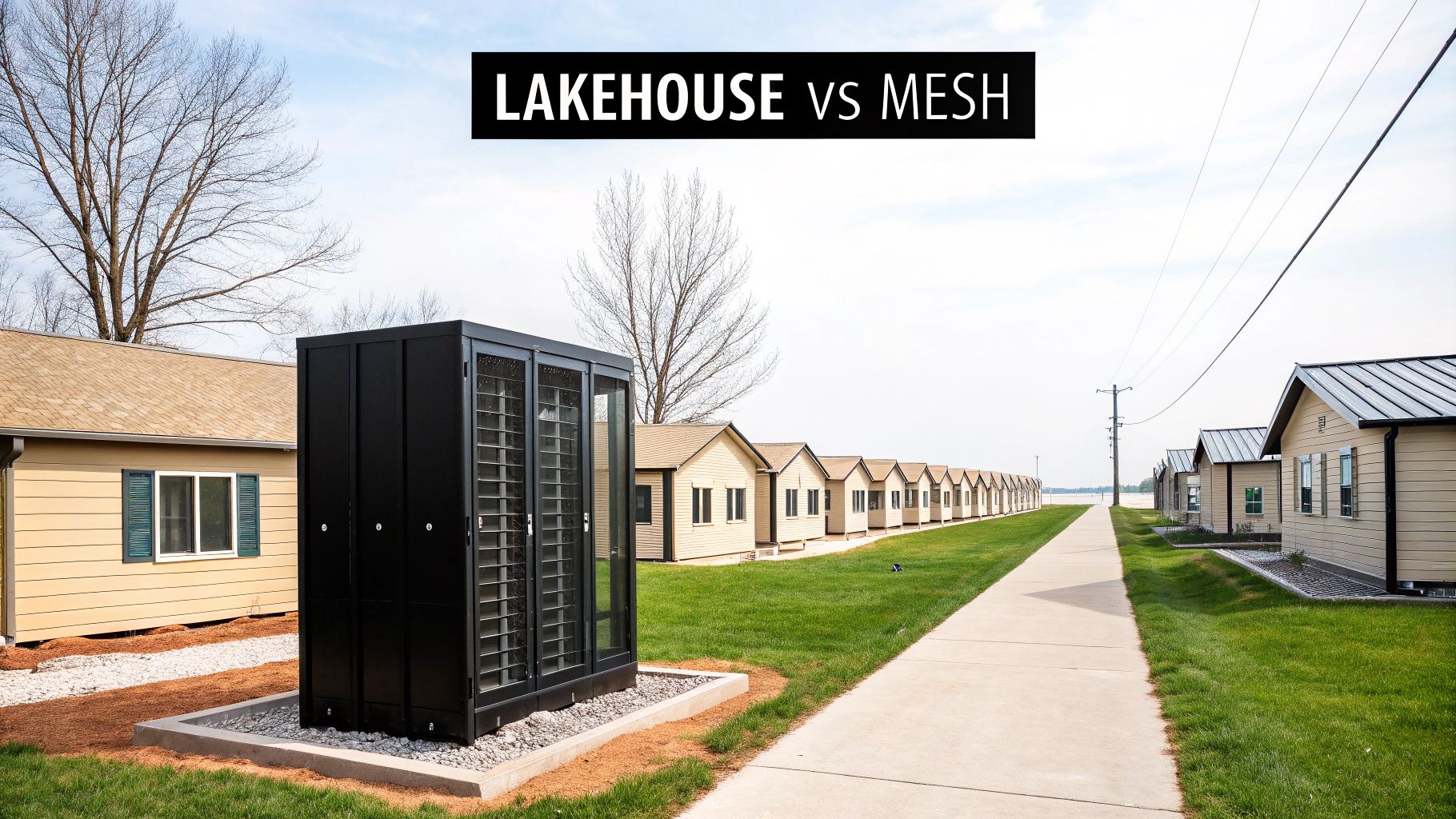Outdoor server cabinet next to a row of small houses with 'LAKEHOUSE vs MESH' text.