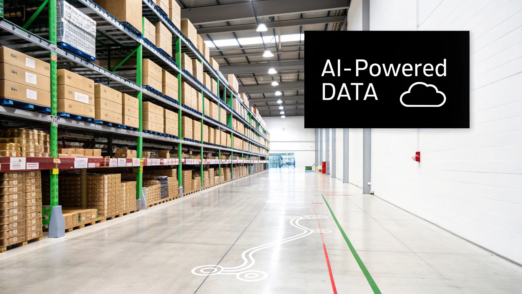 An automated warehouse aisle with tall racks stocked with boxes, featuring an 'AI-Powered DATA' overlay.