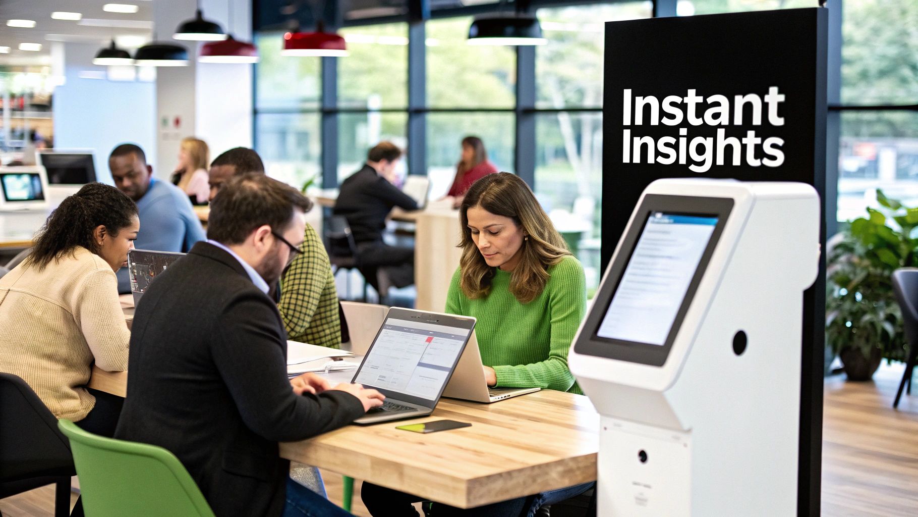 An analyst working on a self-service BI dashboard showing colorful charts and graphs.