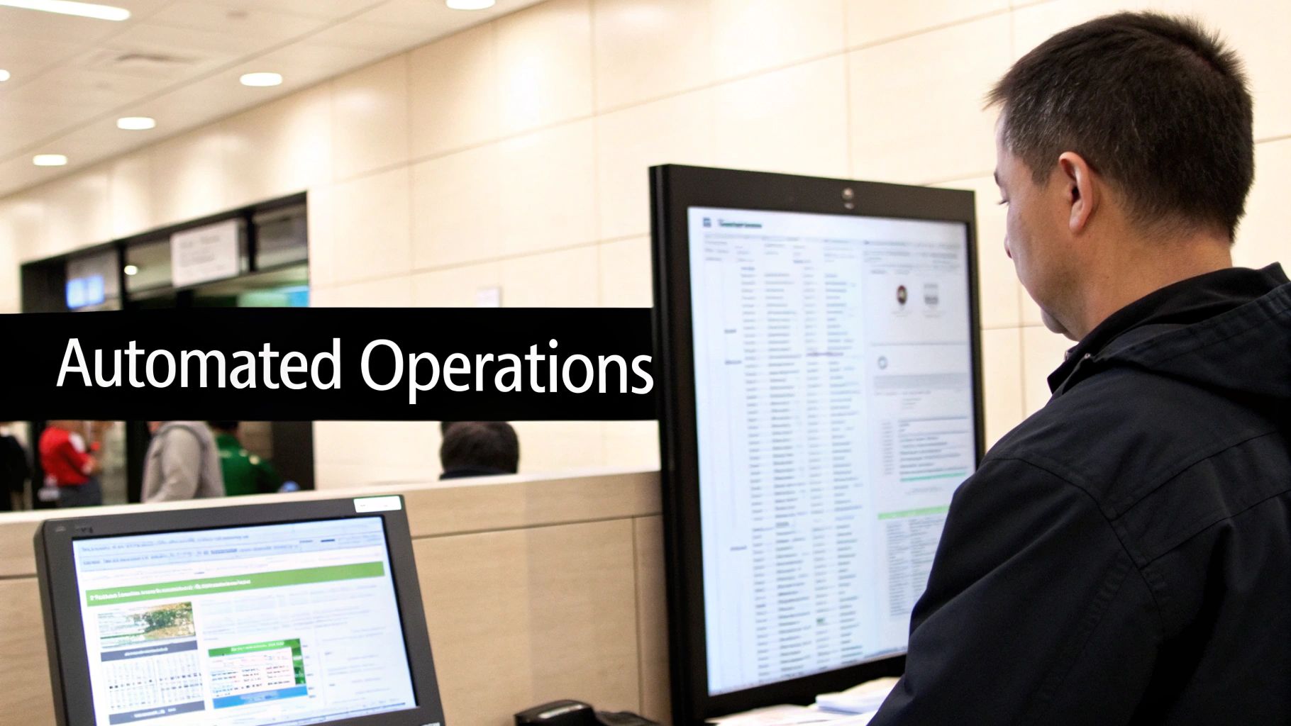 A man in a dark jacket views a large monitor displaying data in an office environment, with "Automated Operations" text visible.
