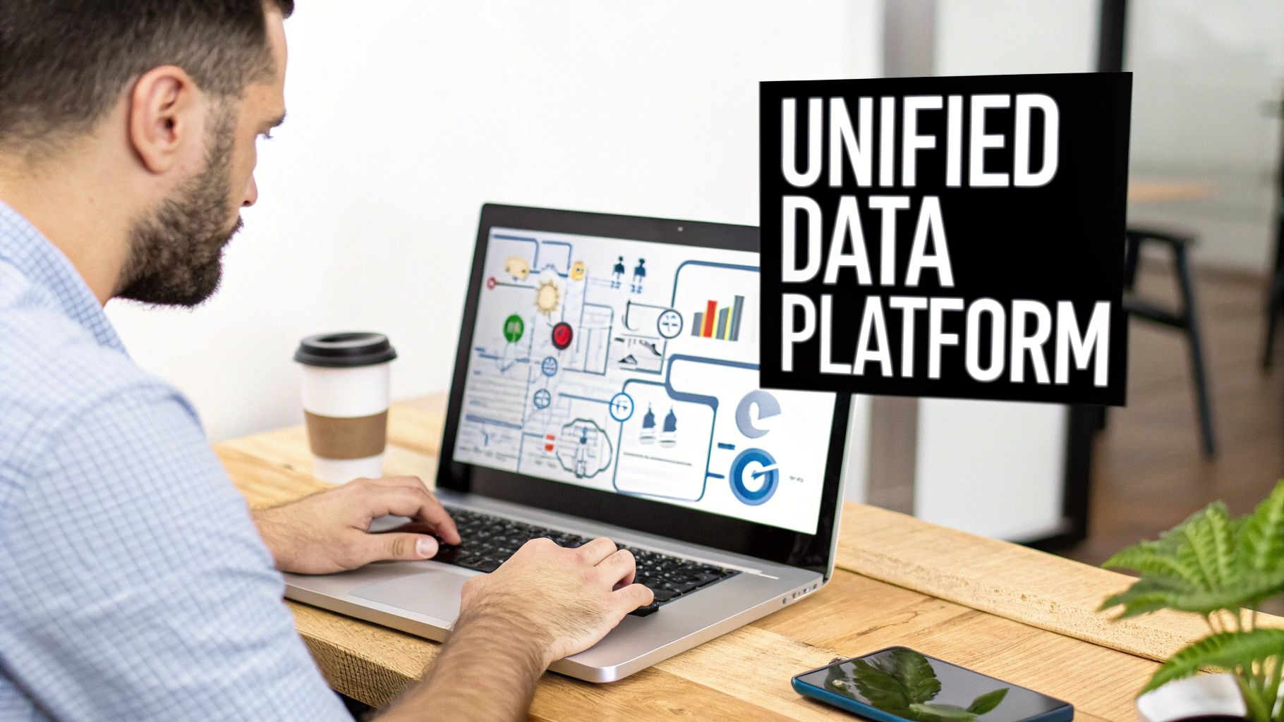 Over-the-shoulder view of a man typing on a laptop with data graphics and a 'Unified Data Platform' sign.