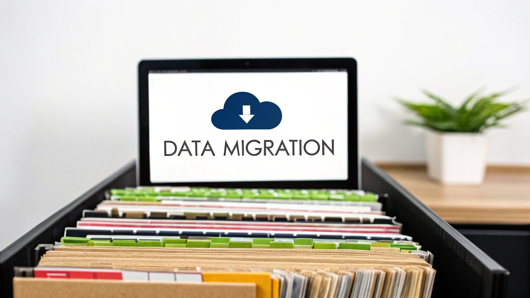 A laptop screen displays 'DATA MIGRATION' with a cloud icon, positioned behind traditional file folders.