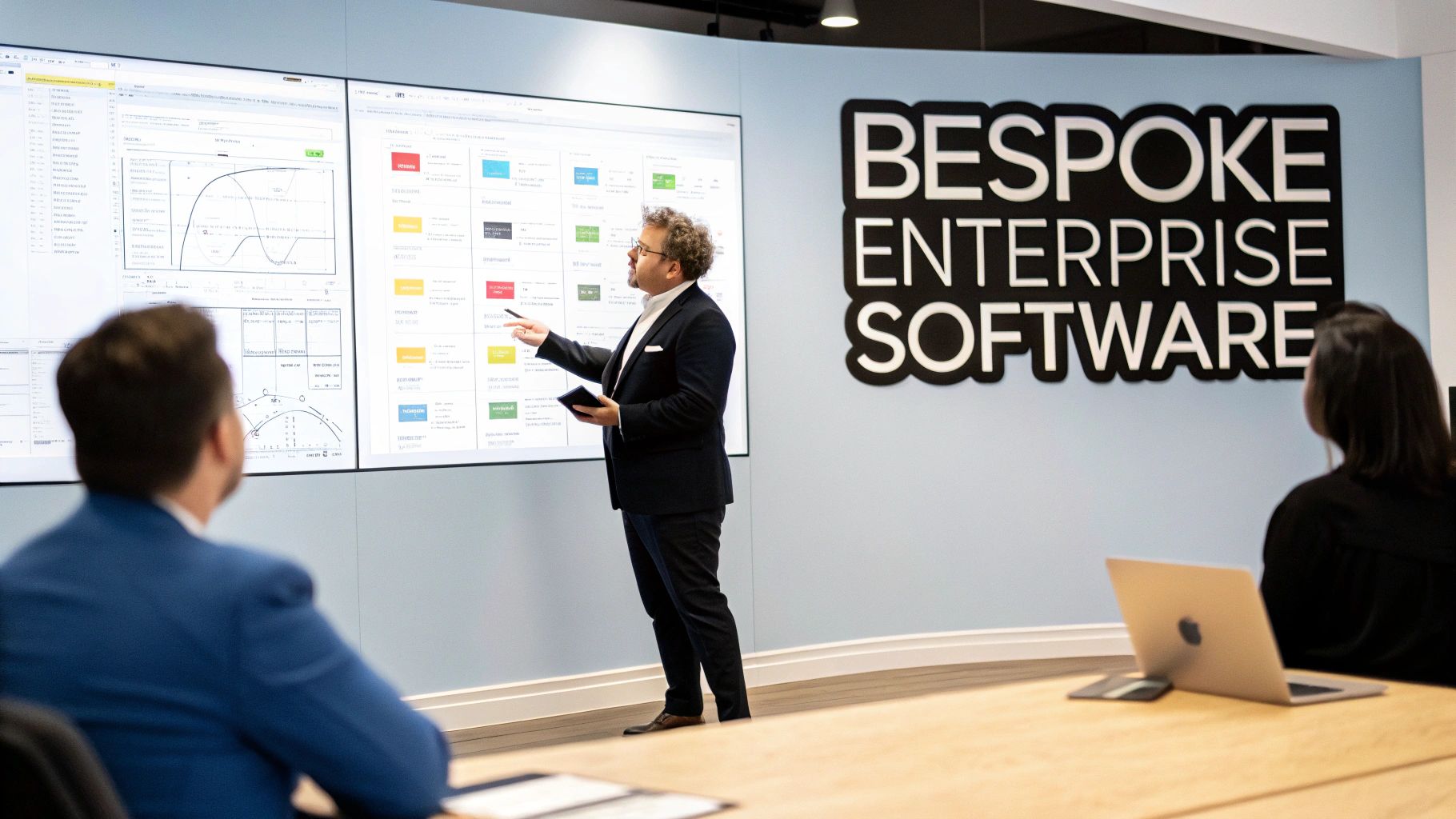Developers collaborating on a custom enterprise software project.