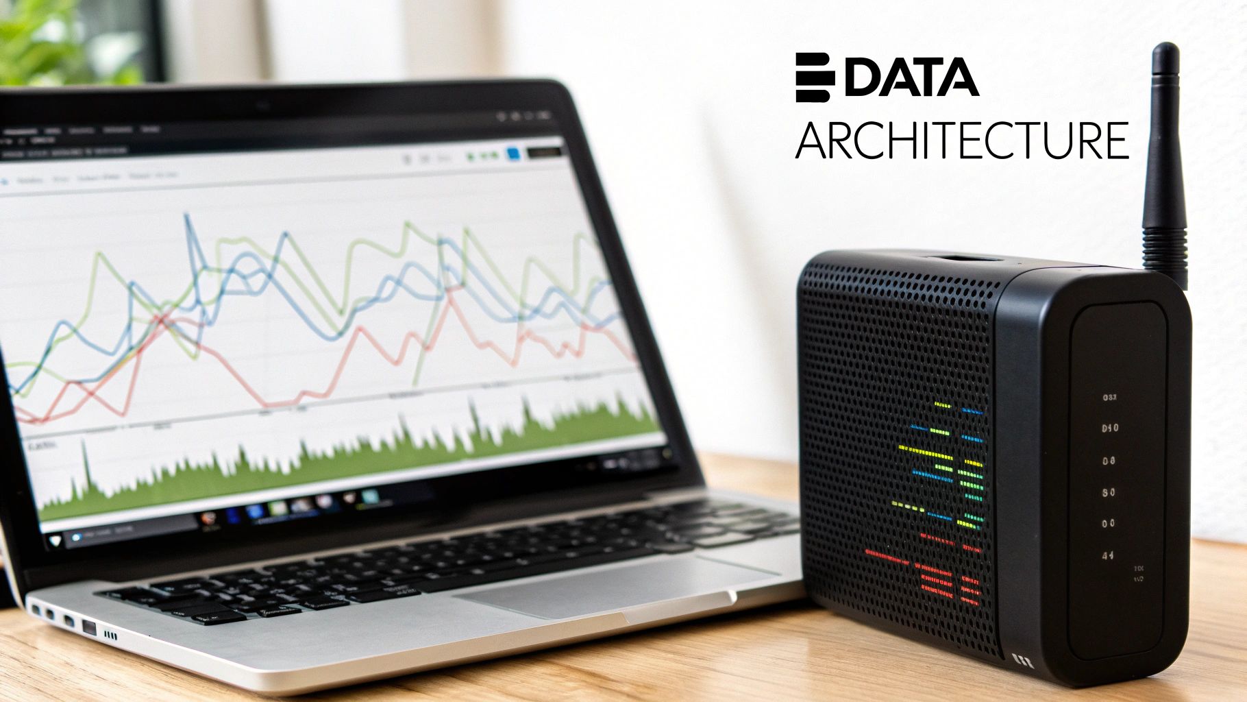 A laptop displays data analytics graphs next to a black modem, illustrating data architecture.