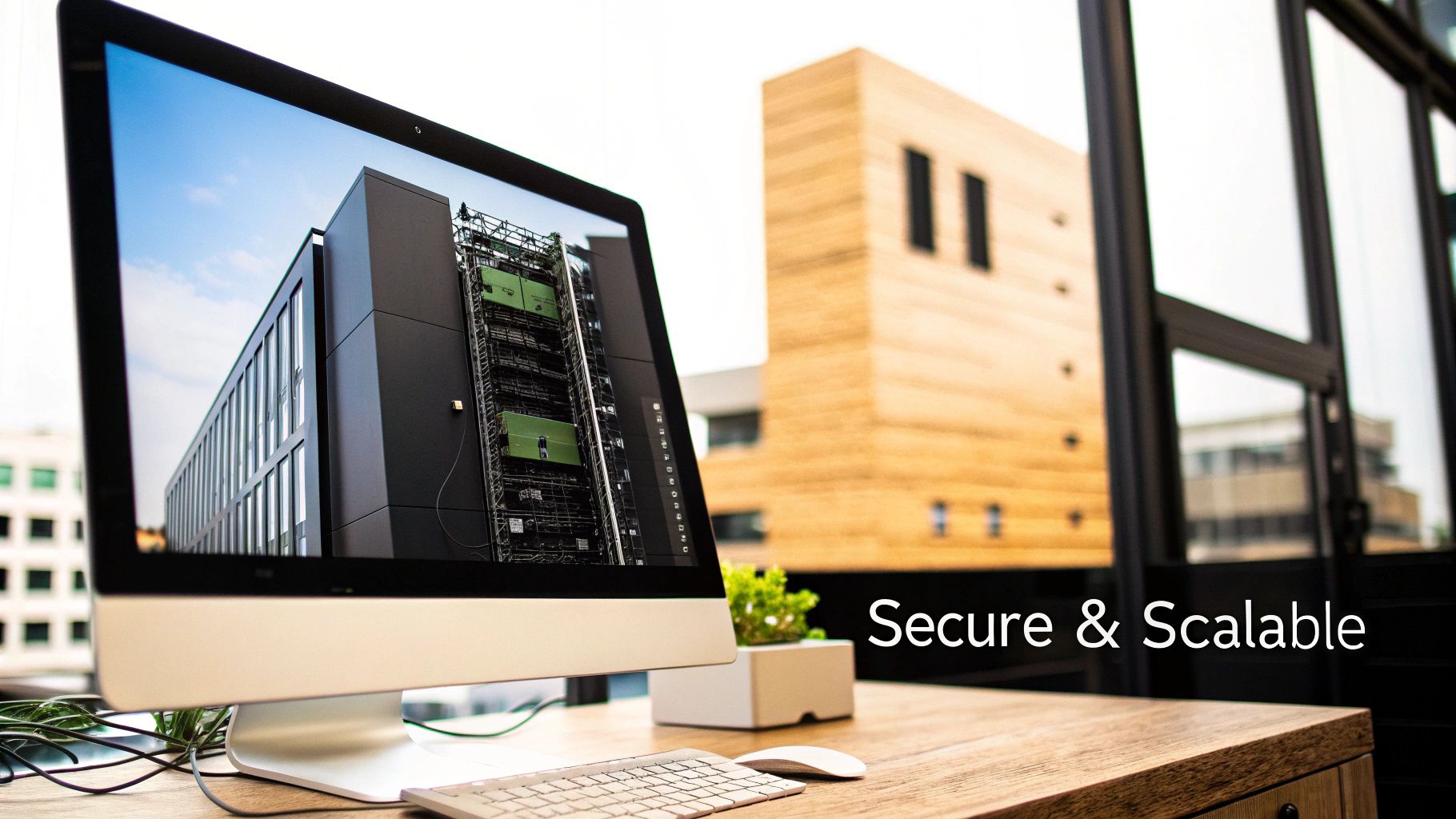 A computer monitor displays a modern building with server racks, symbolizing secure and scalable data infrastructure.