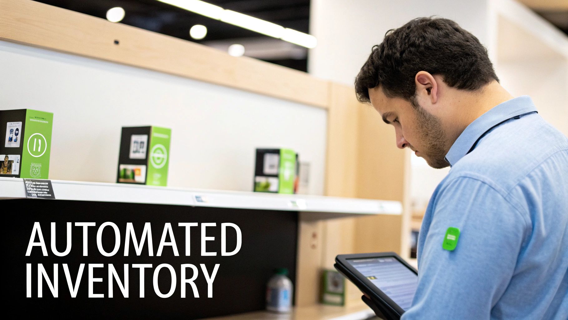 Retail employee using tablet for automated inventory management in modern store with digital displays