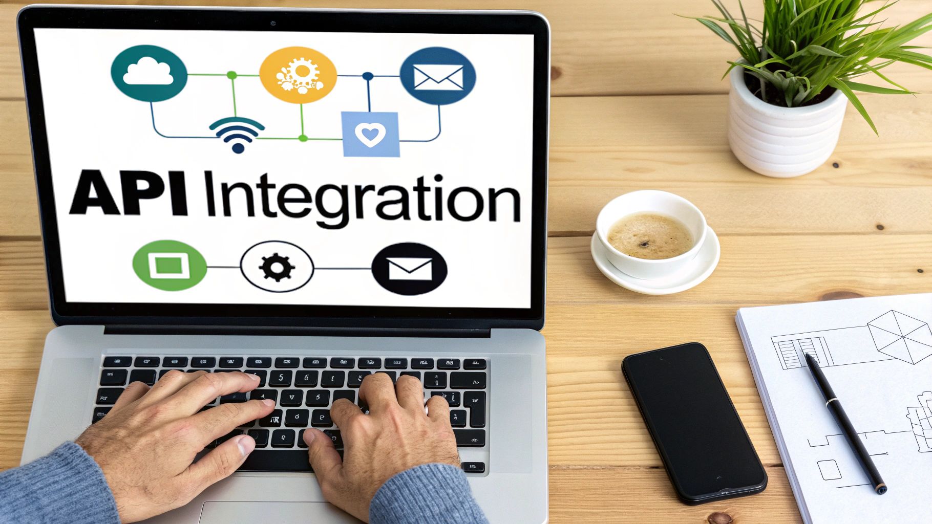 Person typing on laptop displaying API integration diagram with cloud, email, and connectivity icons
