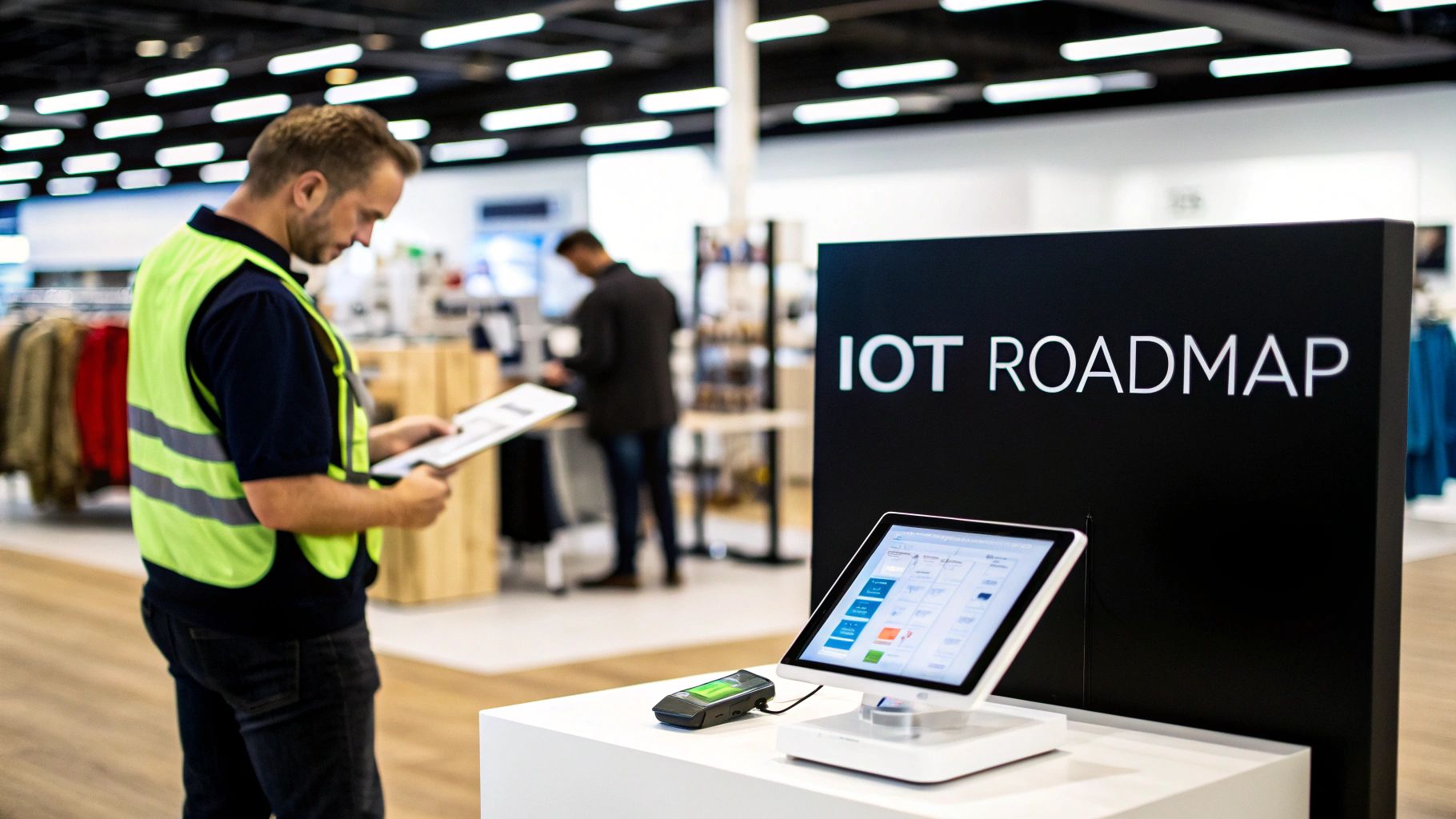 A man in a high-visibility vest reviews a clipboard in a retail store with an IoT roadmap display and tablet.