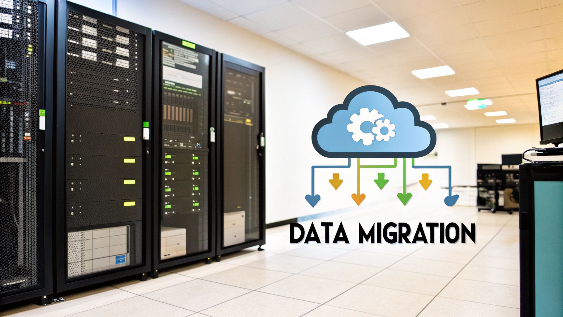 Server racks in a data center with a graphic illustrating data migration to the cloud.