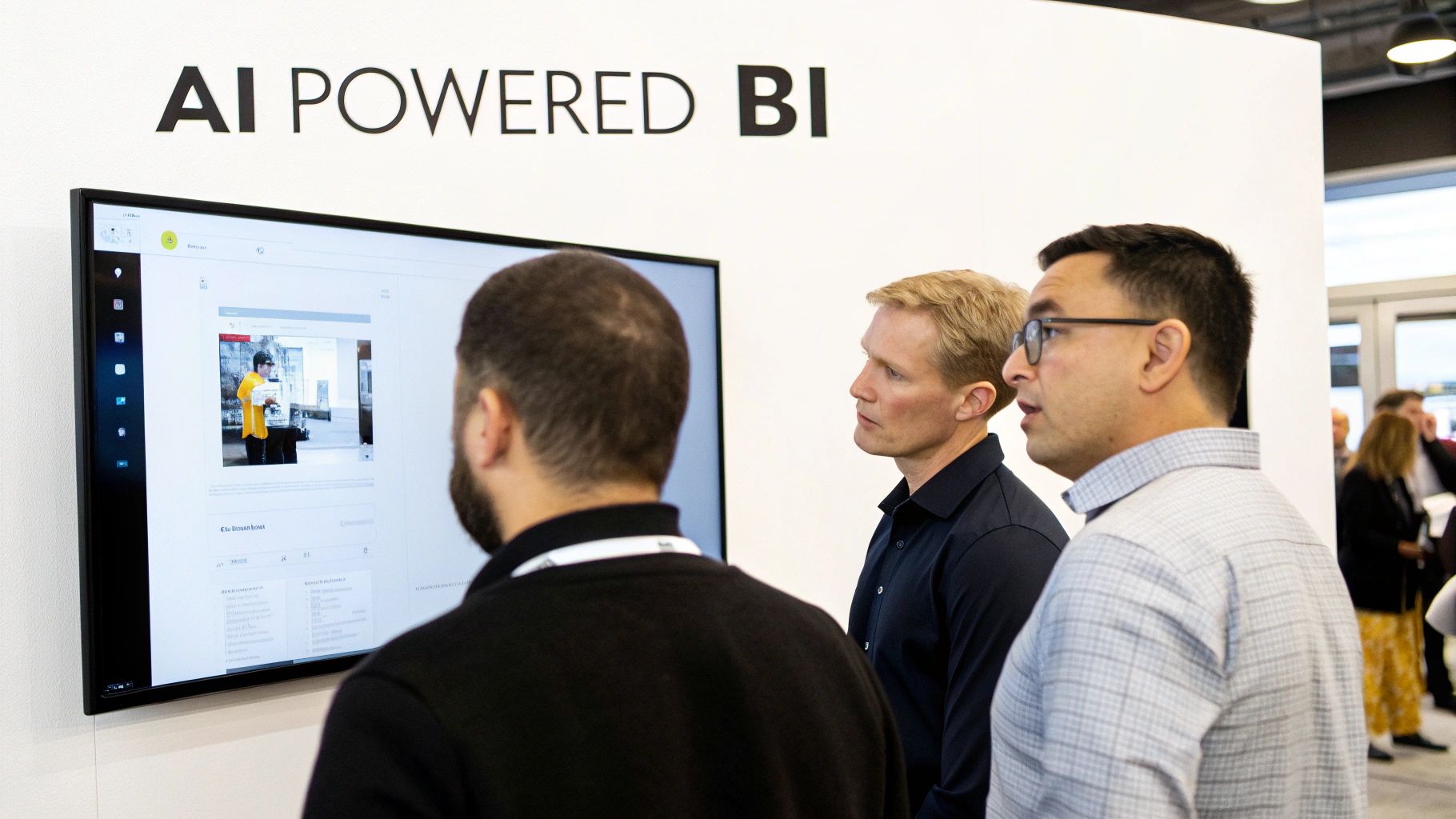 Three men observe a large screen displaying an AI Powered BI application at a conference.