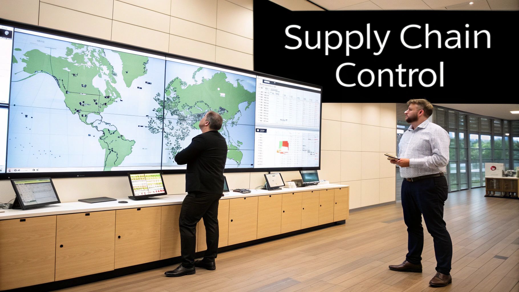Two professionals monitoring global supply chain operations on large digital screens in modern control room