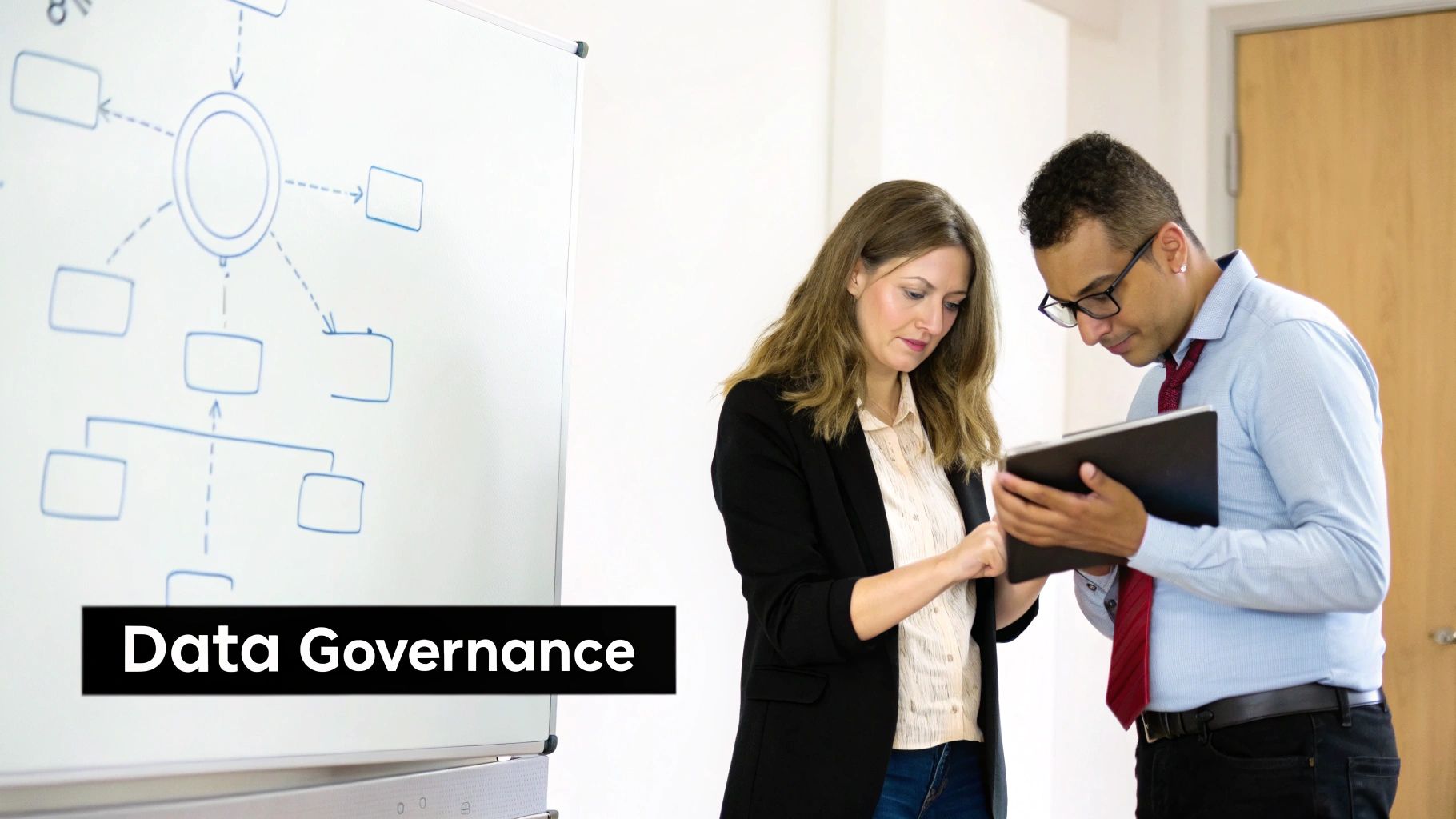 Two business professionals analyzing data on a tablet with a data governance diagram on a whiteboard.