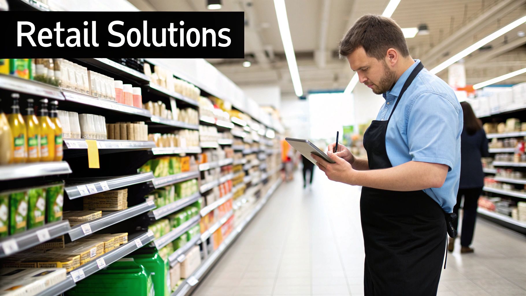 Male store employee in apron using a tablet to manage inventory in a grocery store aisle.