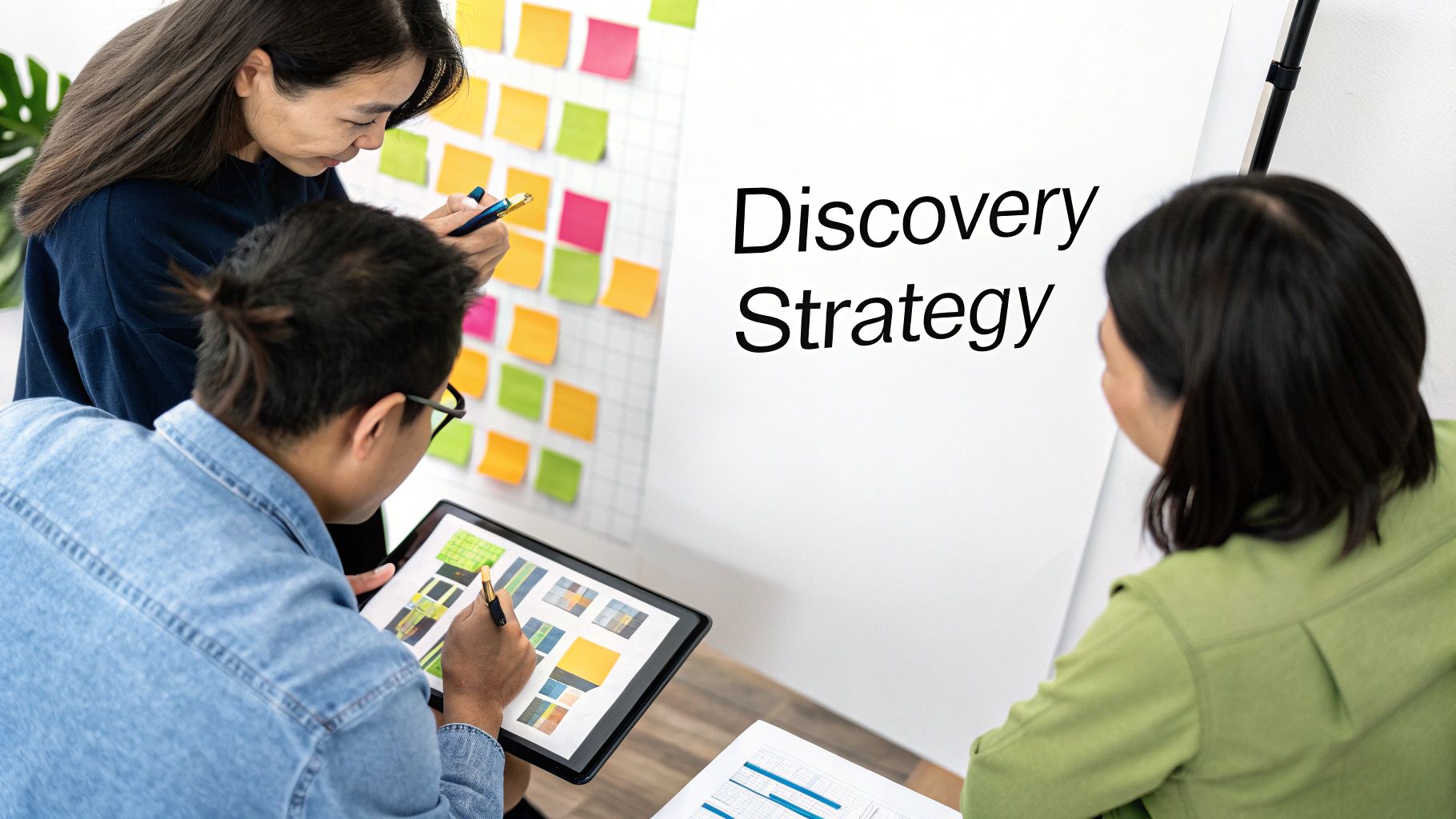 A team strategically planning the software development process using sticky notes on a large board.