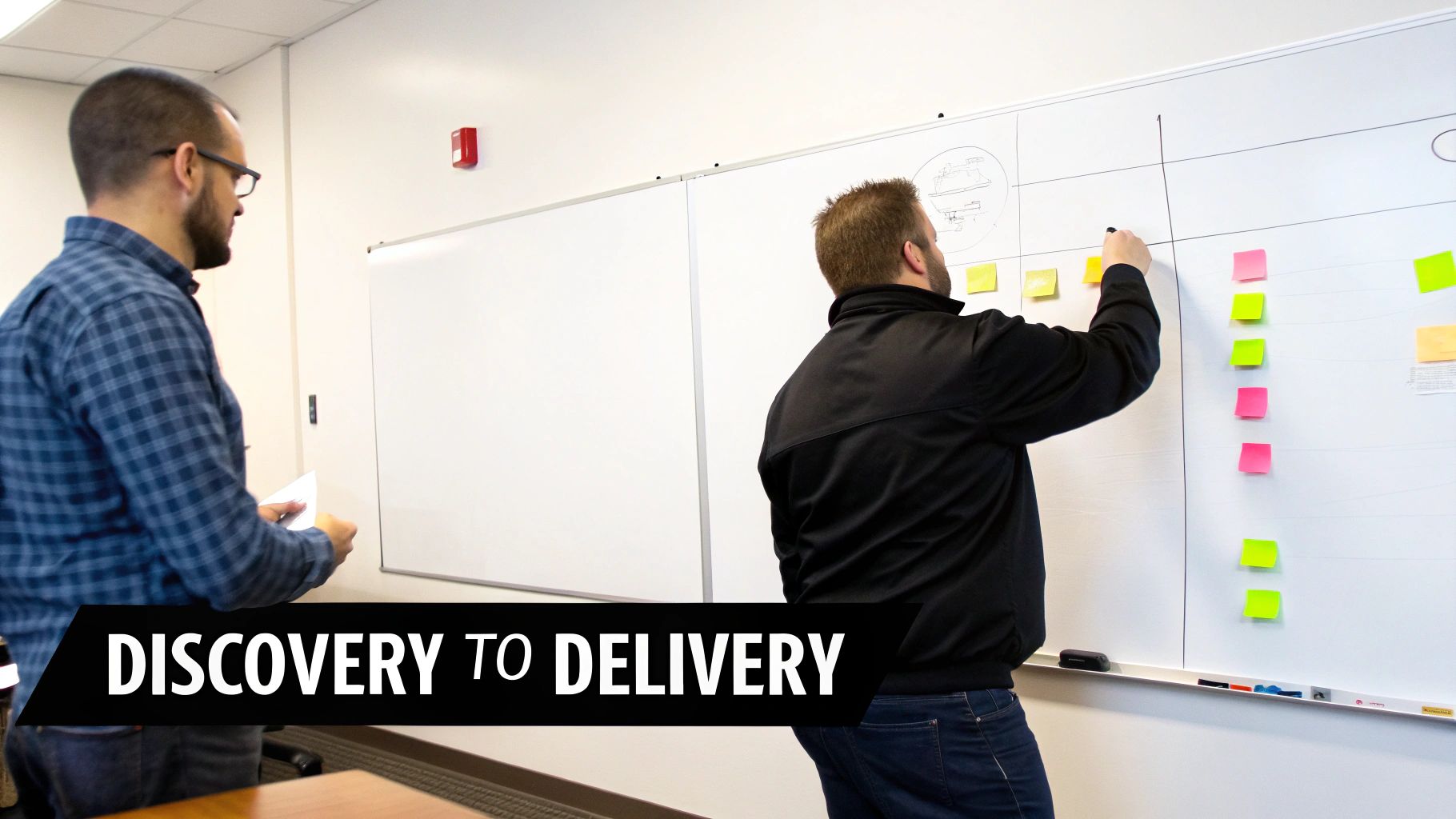 Two men collaborate during a project planning whiteboard session with colorful sticky notes.