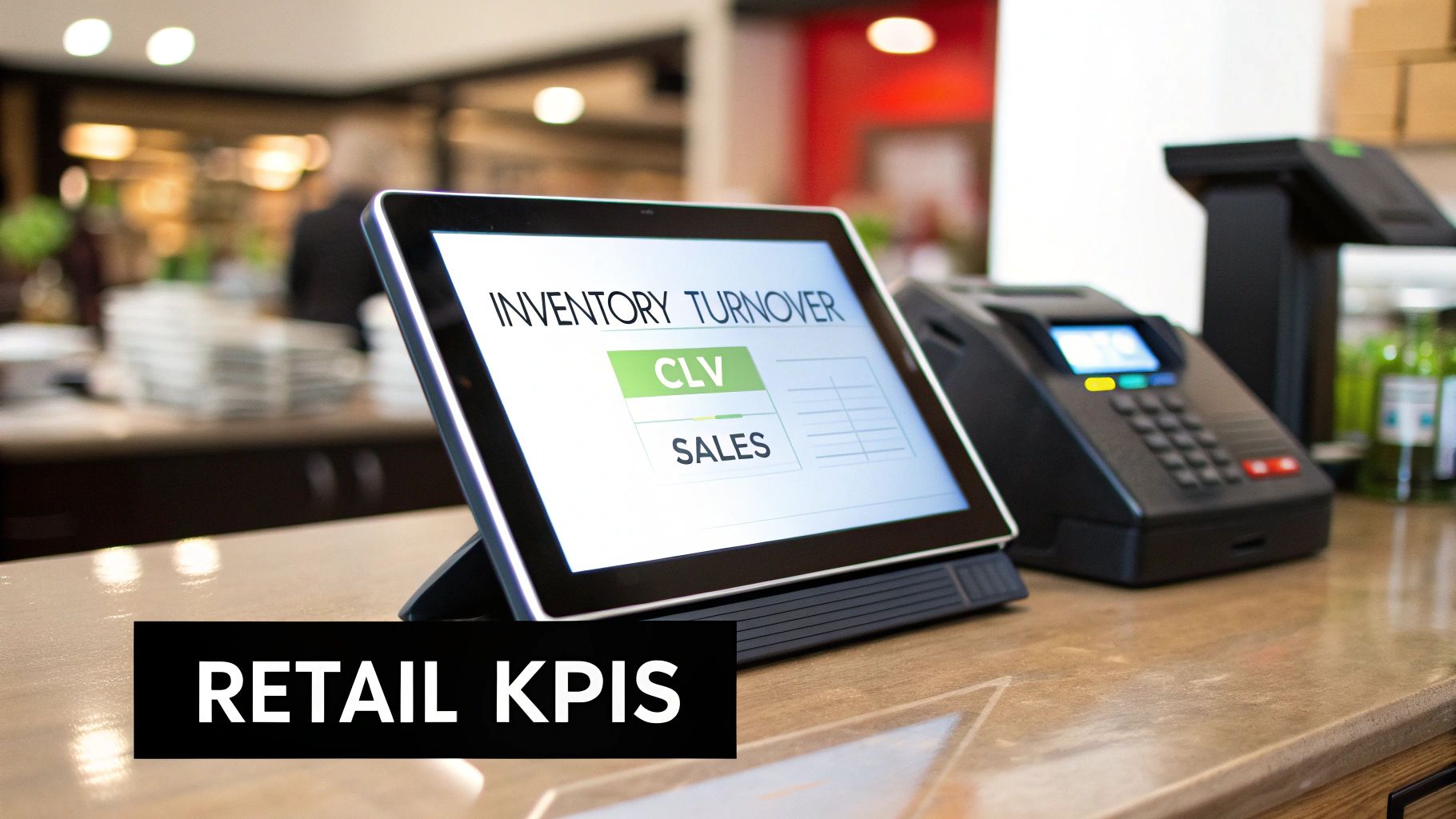 A tablet displaying retail KPIs like inventory turnover, CLV, and sales on a store counter.
