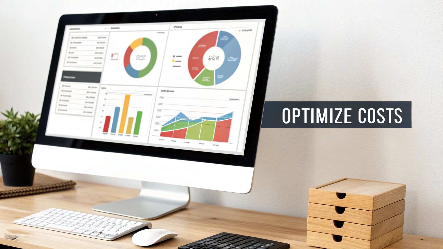 A computer monitor displays data visualization charts for cost optimization, with a keyboard and mouse on a wooden desk.