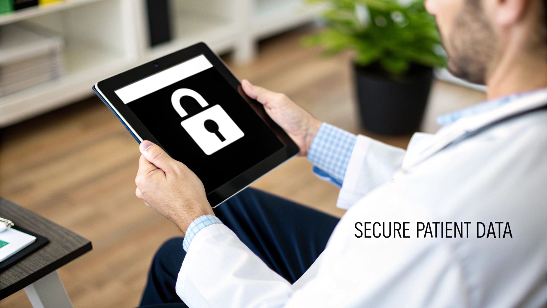 A lock icon superimposed over a medical chart on a digital screen, symbolizing healthcare data security.