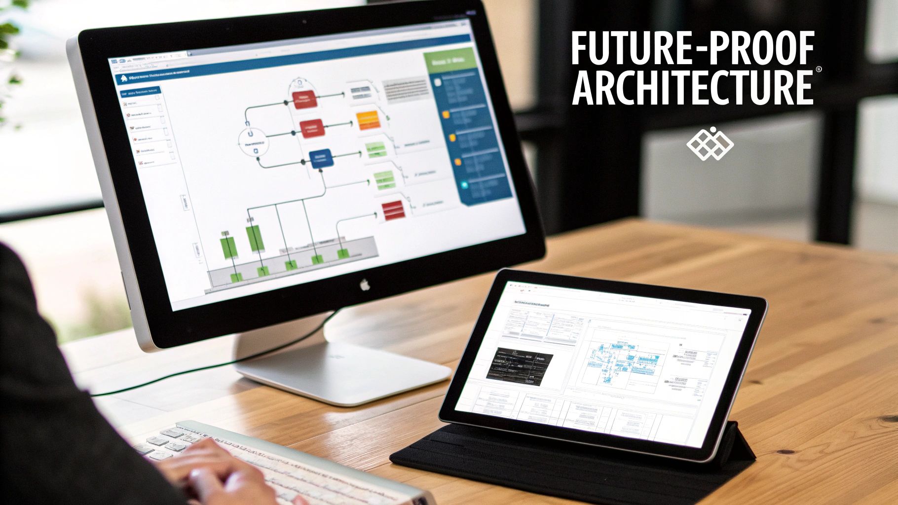 A person uses a desktop computer and tablet, both displaying complex software diagrams and architecture planning tools.
