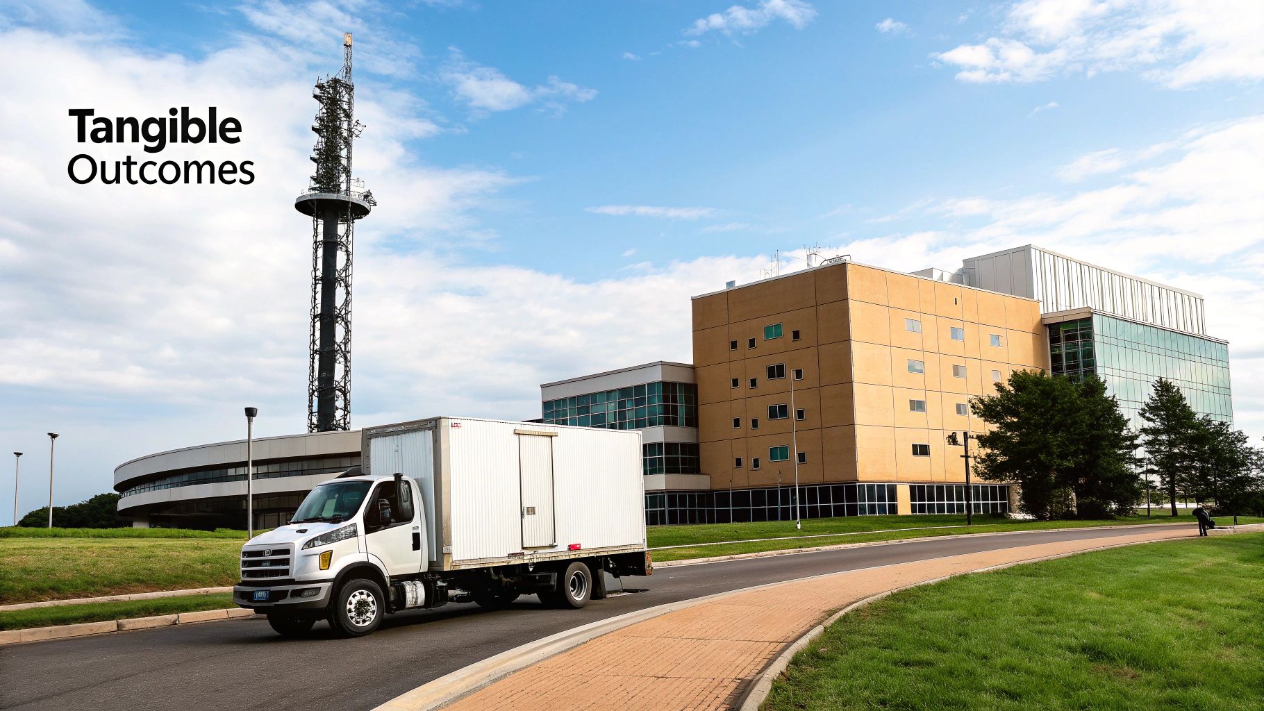 A white delivery truck drives on a road past modern buildings and a tall communication tower, with 'Tangible Outcomes' text.