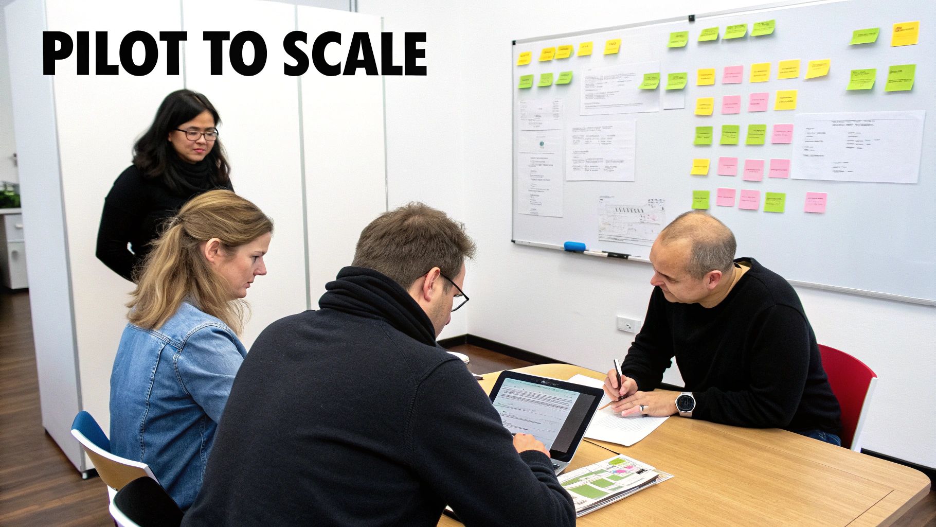 Four professionals collaborate in an office, brainstorming with laptops, notes, and a whiteboard full of ideas.