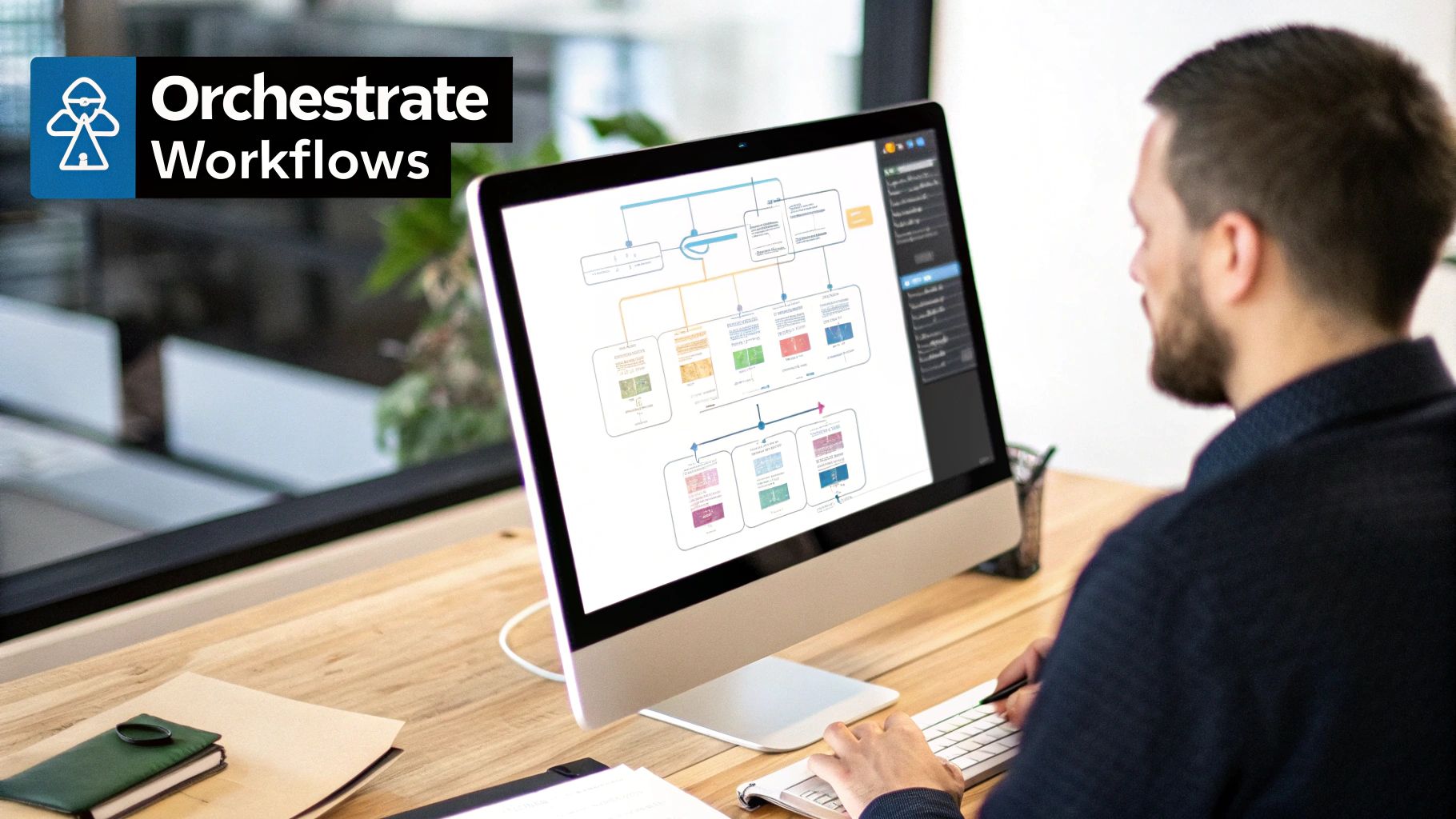 A person works at a computer displaying a complex workflow diagram, symbolizing data orchestration.