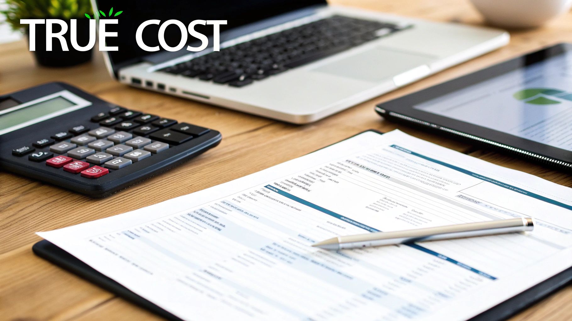 Desk with calculator, laptop, tablet showing a chart, documents, and a pen, overlaid with 'TRUE COST'.