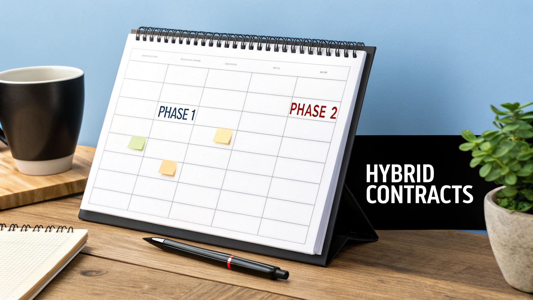 A desk calendar showing 'PHASE 1' and 'PHASE 2' with sticky notes, next to a 'HYBRID CONTRACTS' sign.