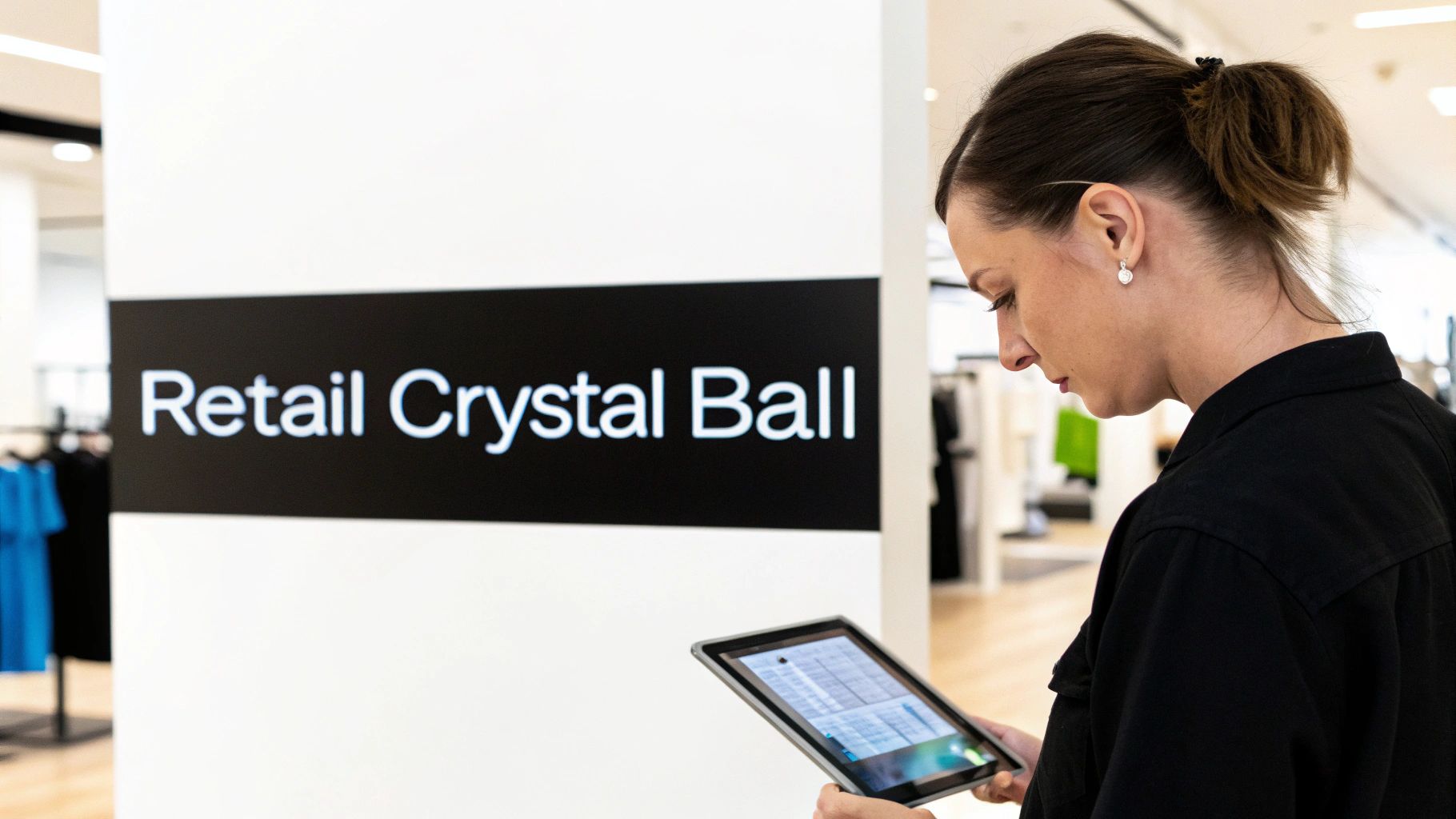 Woman viewing a tablet in a retail store, with a sign reading 'Retail Crystal Ball' behind her.