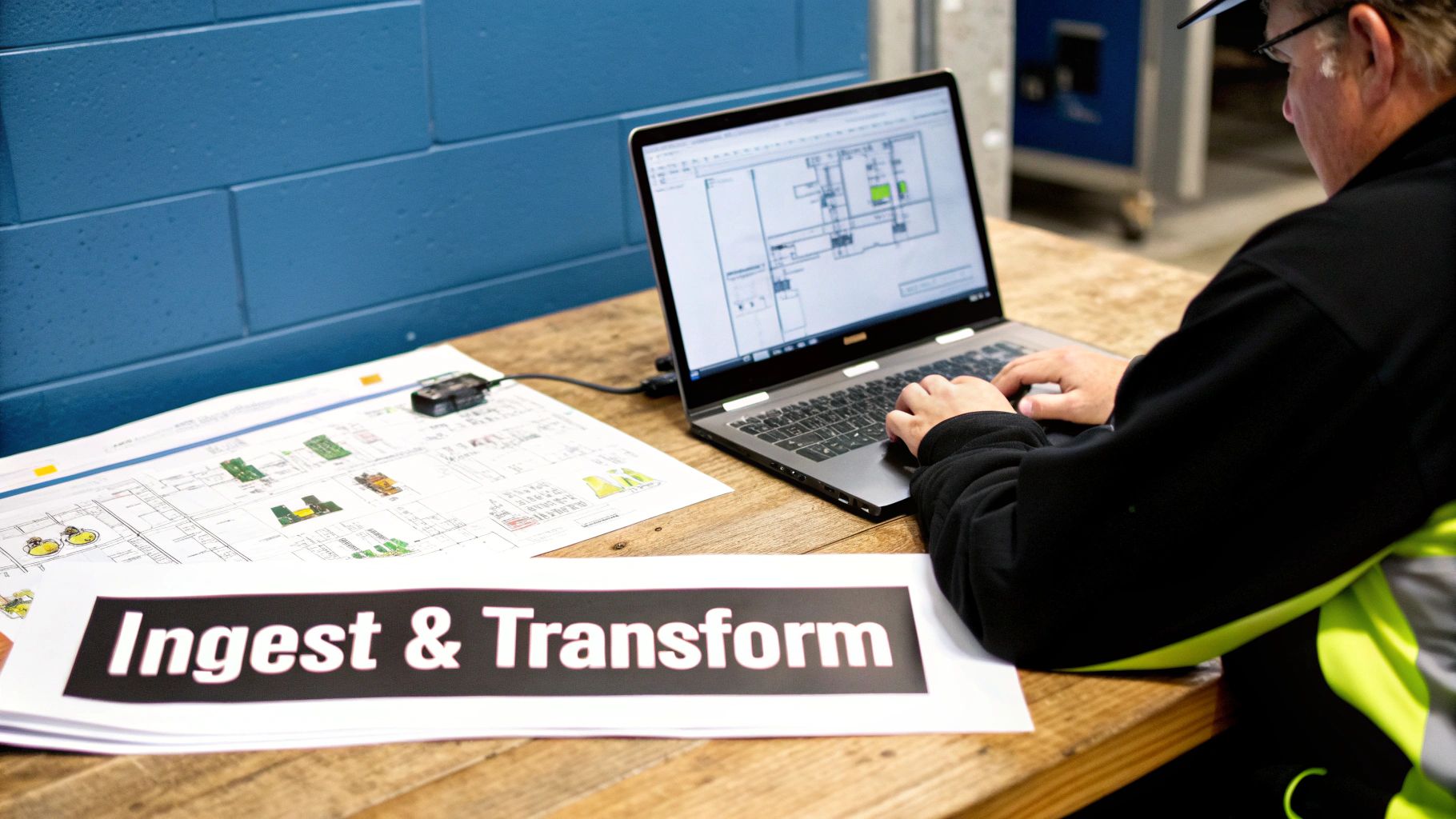 A worker uses a laptop with architectural plans on screen, next to printouts of diagrams and "Ingest & Transform" text.