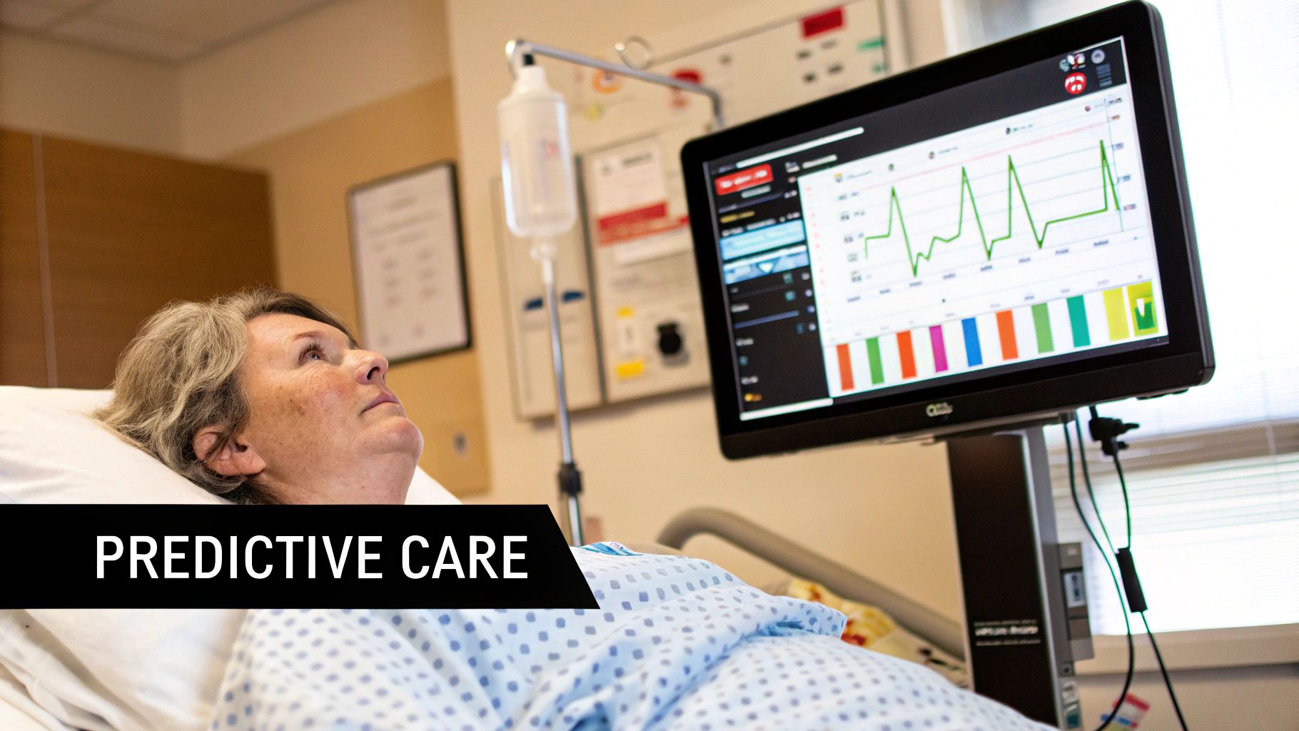 A patient in a hospital bed looks at a medical monitor displaying data for predictive care.