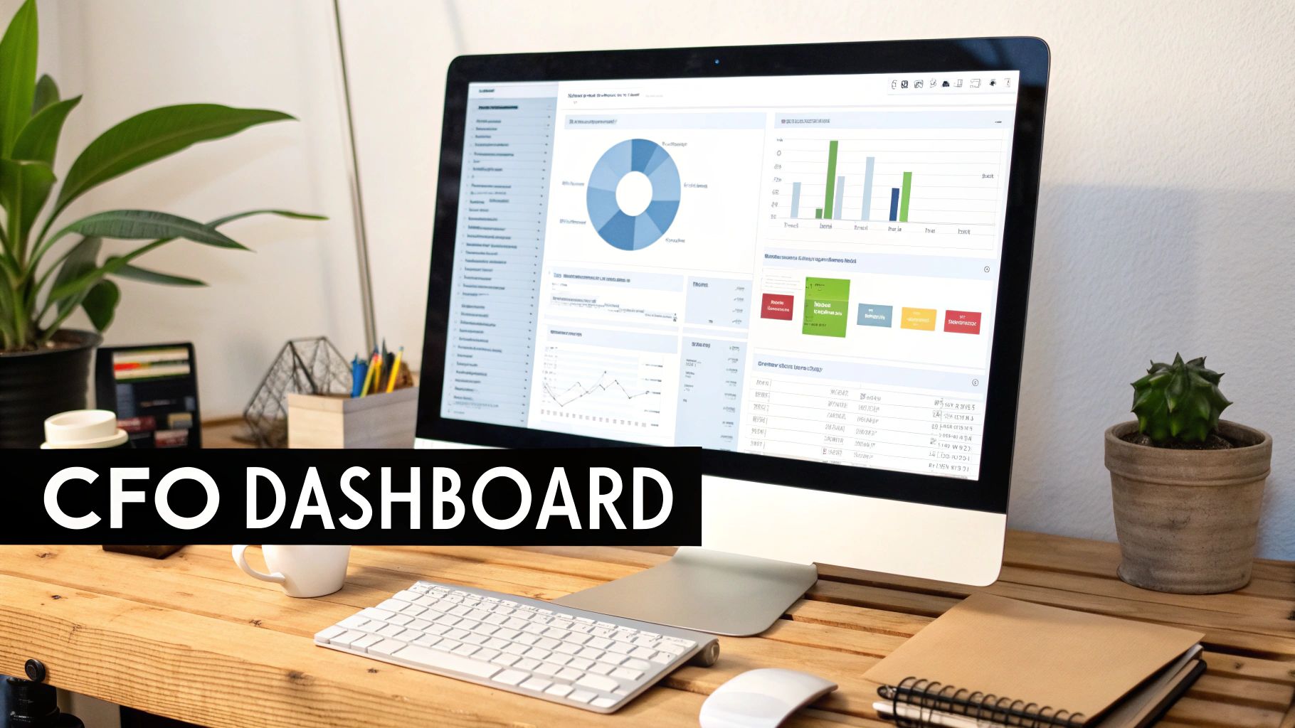 A sleek computer monitor on a wooden desk displays a detailed CFO dashboard with charts and graphs.