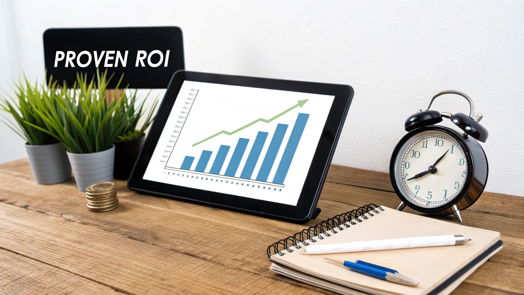 Office desk with a tablet showing a data growth chart, an alarm clock, and 'PROVEN ROI'.