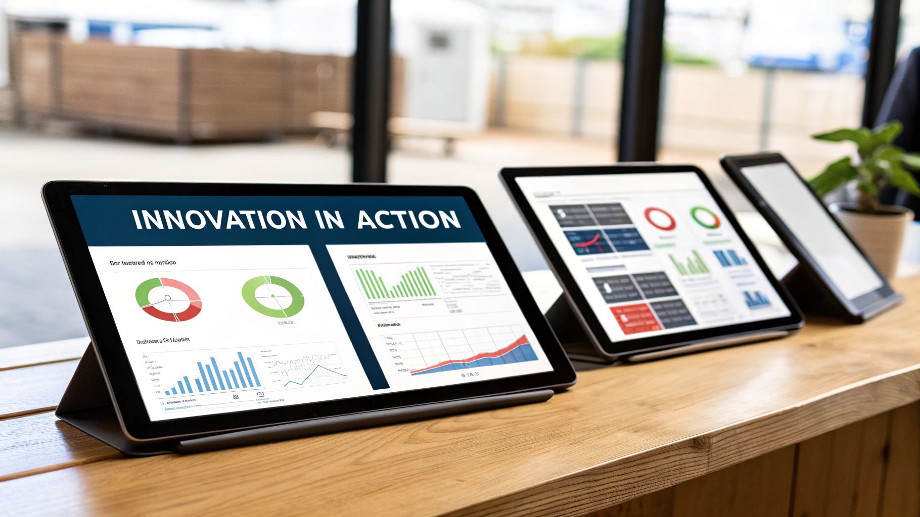 A financial services team analyzing data on a large screen with charts and graphs.
