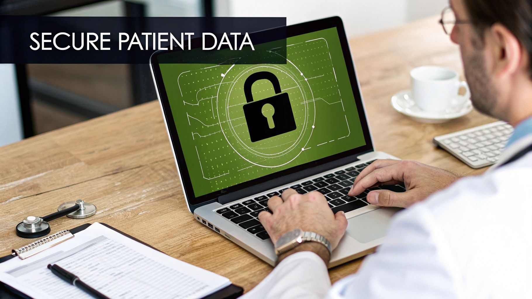 A doctor uses a laptop with a padlock icon on screen, emphasizing secure patient data management.