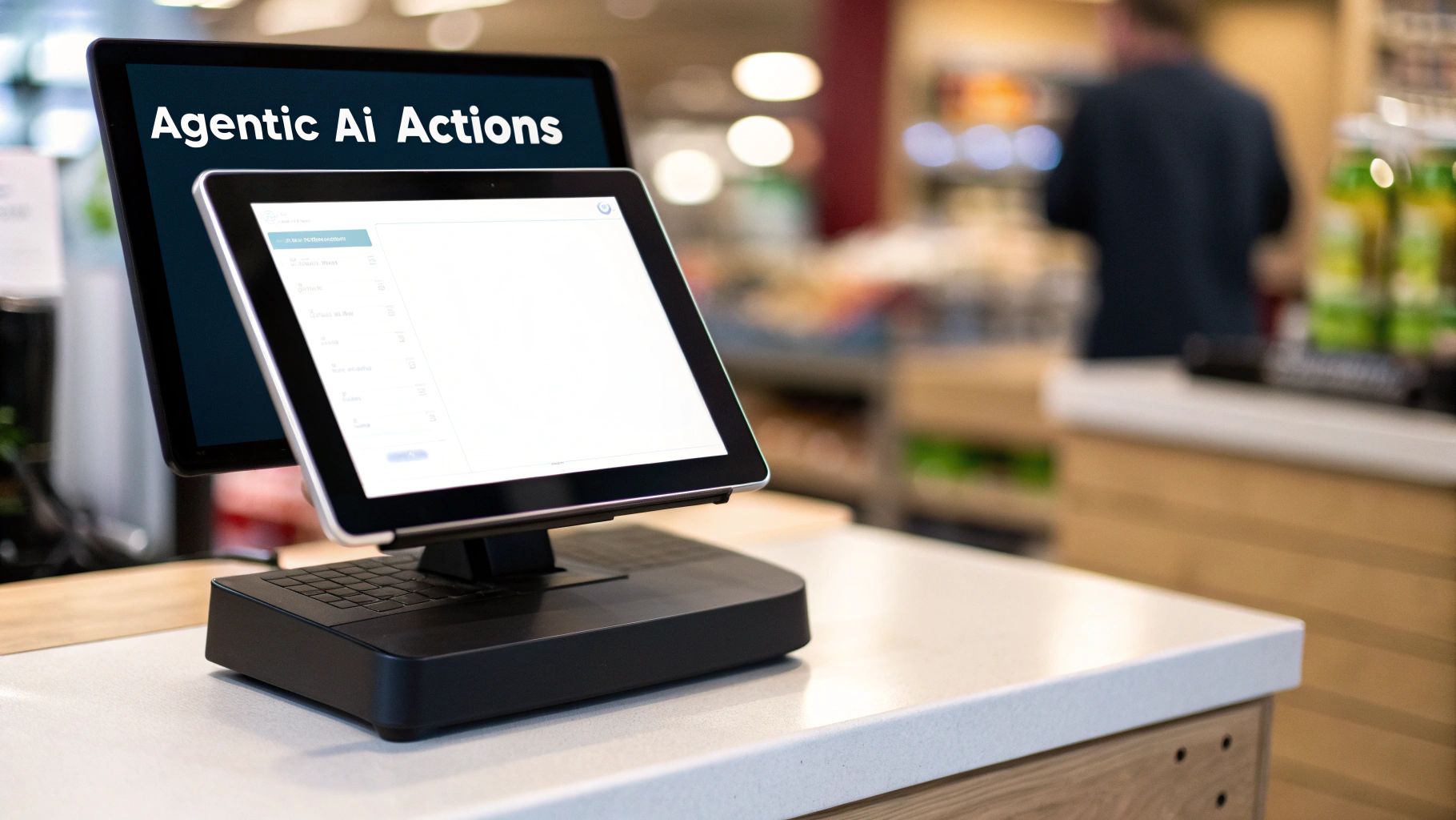 Two retail POS screens, one displaying 'Agentic Ai Actions', on a counter in a store.