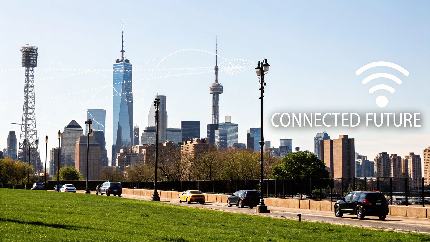 Urban cityscape showcasing a connected future with skyscrapers, roads, cars, and network signals.