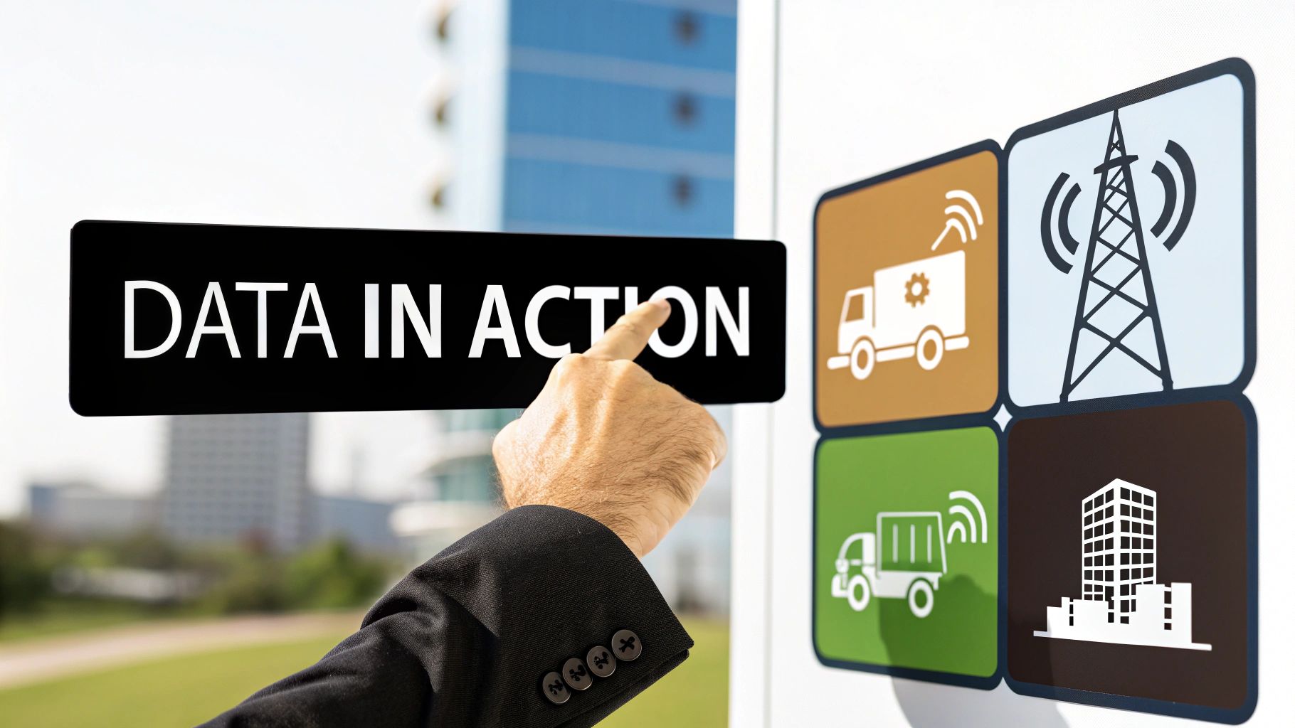 Hand points to 'DATA IN ACTION' sign next to icons for smart logistics, communication, and city services.