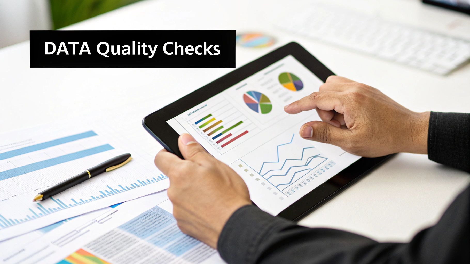 Hands holding a tablet displaying data analysis charts and graphs on a white desk with papers and a pen.