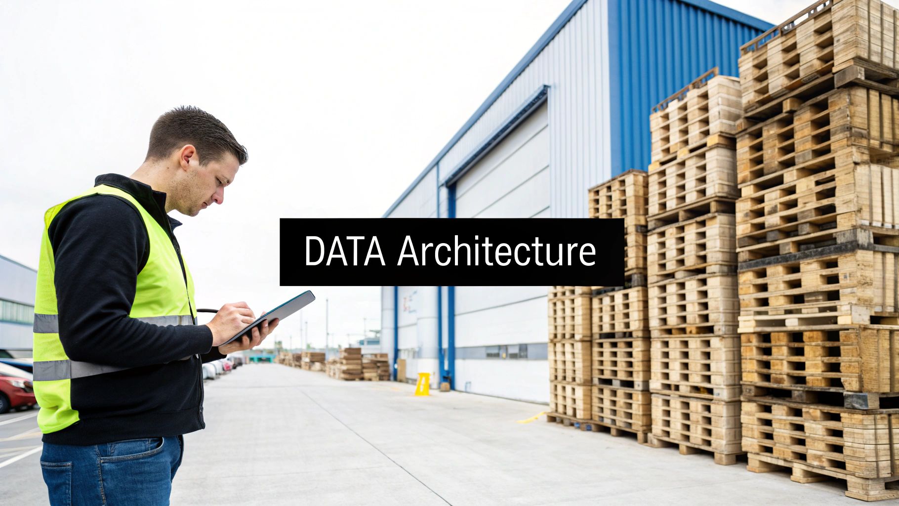 A man in a neon vest inspects a tablet in an outdoor industrial area with stacked wooden pallets.