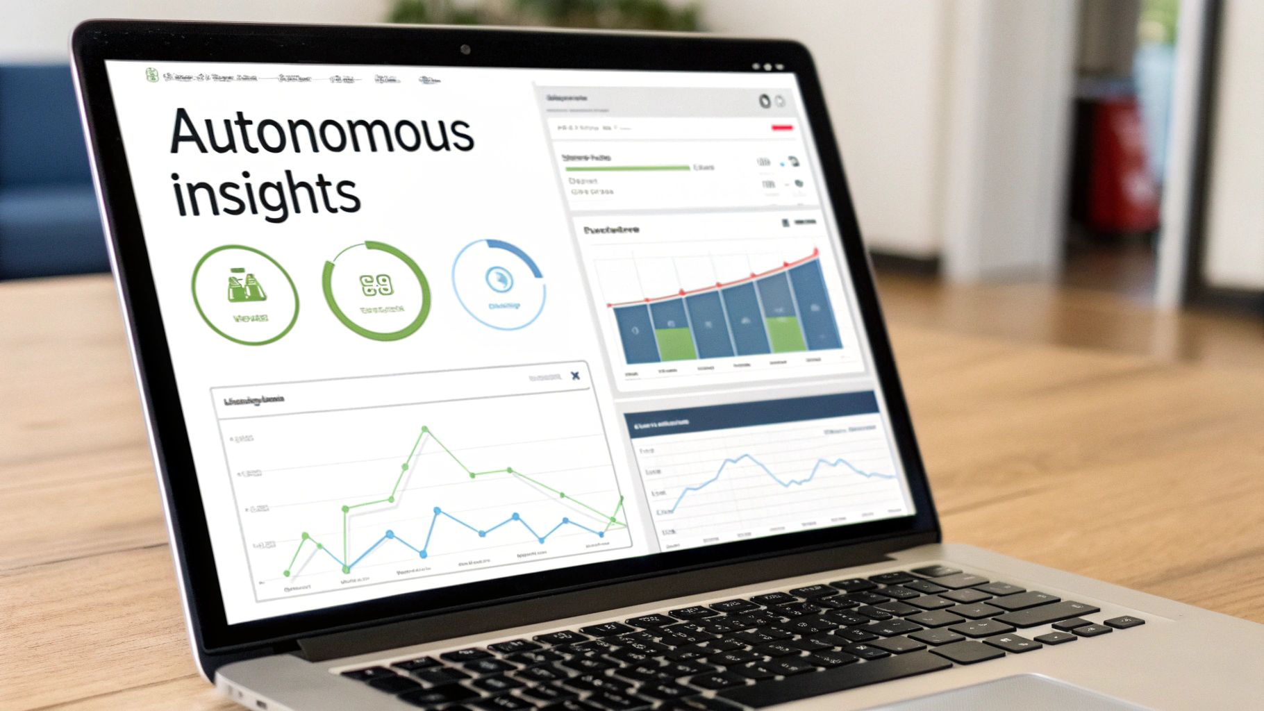 Laptop displaying a data analytics dashboard titled 'Autonomous insights' with various charts and metrics.
