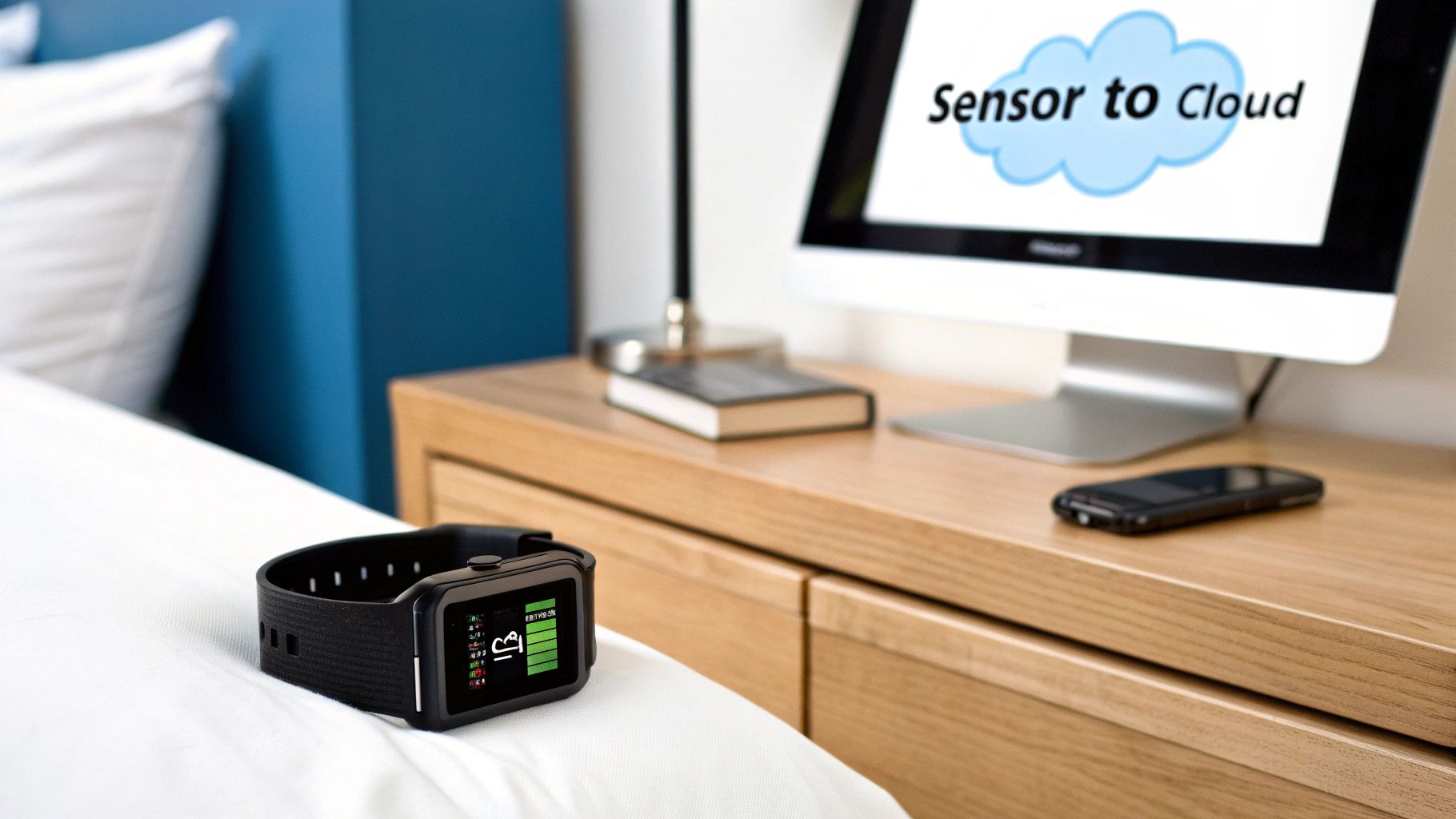 A black smartwatch displaying data on a white bed, with a 'Sensor to Cloud' computer and smartphone on a nightstand.