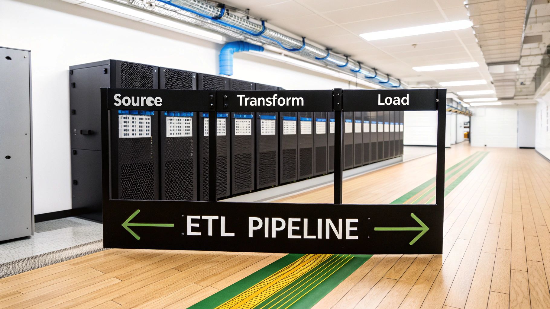 Server room displaying ETL pipeline process with source, transform, and load stages in data center